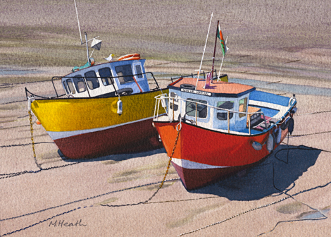 A watercolour painting of two fishing boats waiting for the tide in Tenby Harbour by Margaret Heath RSMA.